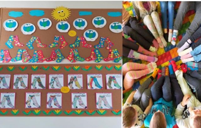  kolaż zdjęć prac dzieci przedstawiających rózne skarpetki oraz zdjęcie uczniów z różnymi skarpetkami