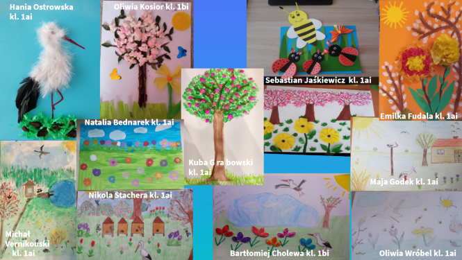 grafika przedstawia kolaż zdjęć prac dzieci na temat oznak wiosny